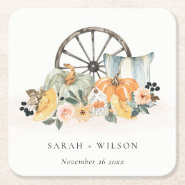 Rustic Fall Pumpkin Leafy Floral Wheel Wedding Rechteckiger Pappuntersetzer