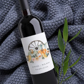 Rustic Fall Pumpkin Leafy Floral Wheel Wedding Weinetikett