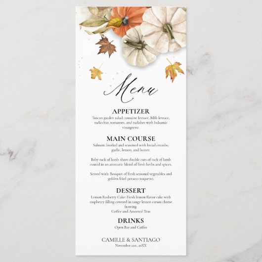 Rustic Fall Pumpkin Wedding Menükarte (Vorderseite)