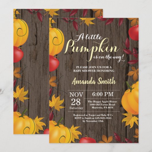 Rustic Fall Pumpkin Yellow Baby Dusche Einladung (Vorne/Hinten)