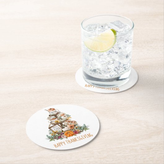 Rustic Fall Pumpkins Happy Thanksgiving Runder Pappuntersetzer (Vor Ort)