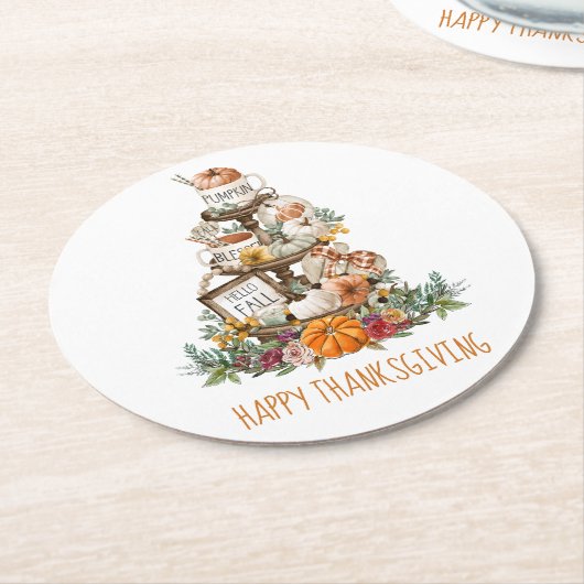Rustic Fall Pumpkins Happy Thanksgiving Runder Pappuntersetzer (Angewinkelt)