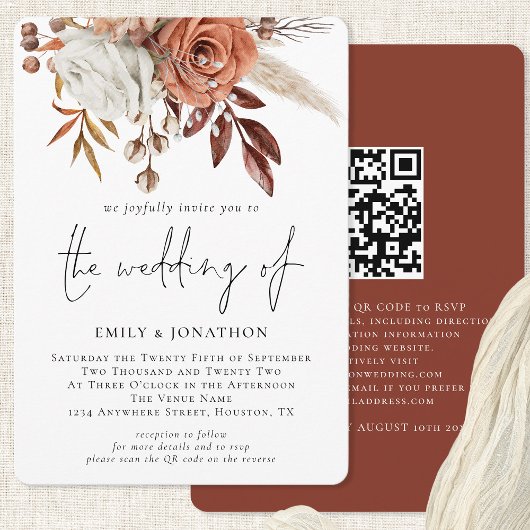 Rustic Fall Terracotta Florals QR Code Wedding Einladung