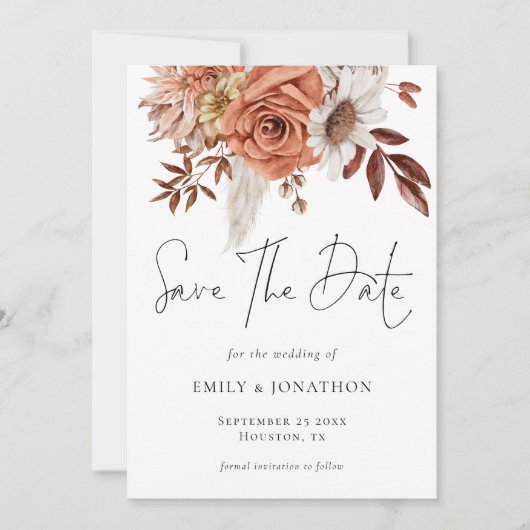 Rustic Fall Terracotta Florals QR Code Wedding Save The Date (Vorderseite)