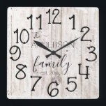 Rustic Falsch Wood Barn Farmhouse Custom Family Na Quadratische Wanduhr<br><div class="desc">In Rustic, einzigartig, one-of-a-kind personalized design feature a fälschung wood background with and the words, "The ANDERSON family ist. 20XX" in black typography. Personalize this clock by adding your own personal information. Makes a great wedding, anniversary, or housewarming gift. Click "personalize this template" to change the names and fonts to...</div>