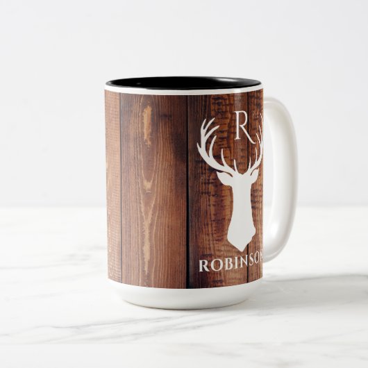 Rustic Family Monogram Wood Style Deer Antler Zweifarbige Tasse (VorderseiteRechts)