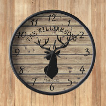Rustic Family Name Wood Cabin Deer Buck Large Cloc