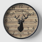 Rustic Family Name Wood Cabin Deer Buck Large Cloc Uhr (Vorderseite)