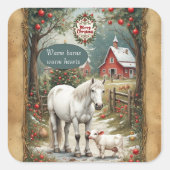 Rustic Farm Horse Lamb Red Barn Merry Christmas Quadratischer Aufkleber (Vorderseite)