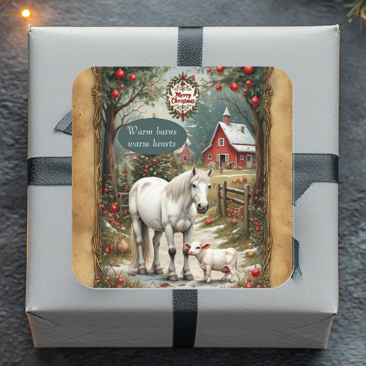 Rustic Farm Horse Lamb Red Barn Merry Christmas Quadratischer Aufkleber