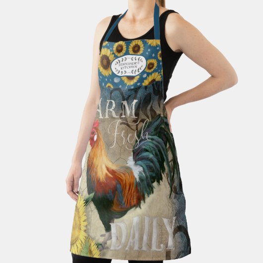 Rustic Farm Rooster Sunflowers Blue Kitchen Name A Schürze (InSitu)