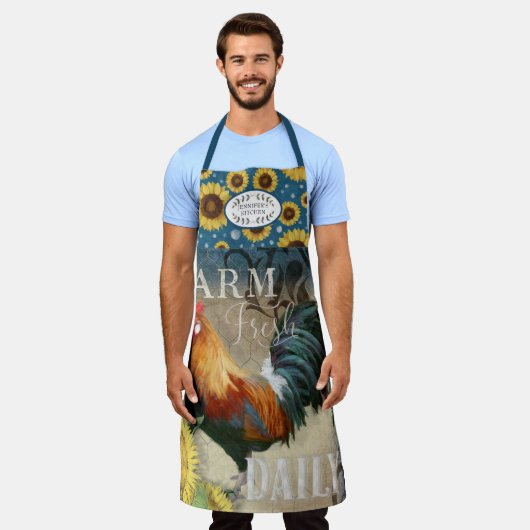 Rustic Farm Rooster Sunflowers Blue Kitchen Name A Schürze (Getragen)