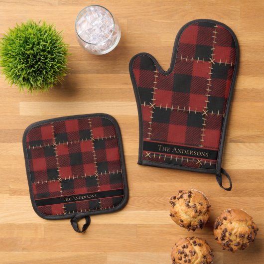 Rustic Farmhouse Buffalo Plaid Custom Christmas Ofenhandschuh & Topflappen-Set (Oben Unten)