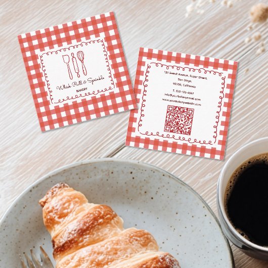 Rustic Farmhouse Gingham Bakery QR Code Quadratische Visitenkarte