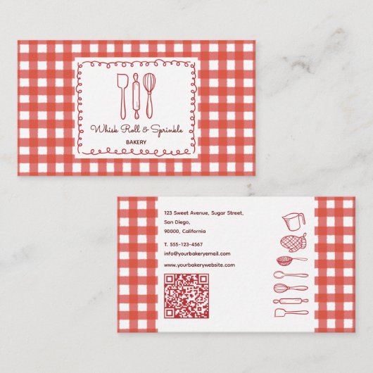 Rustic Farmhouse Gingham QR Code Bakery Visitenkarte (Vorne/Hinten)