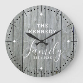 Rustic Farmhouse Gray Wood Family Name Large Clock Große Wanduhr