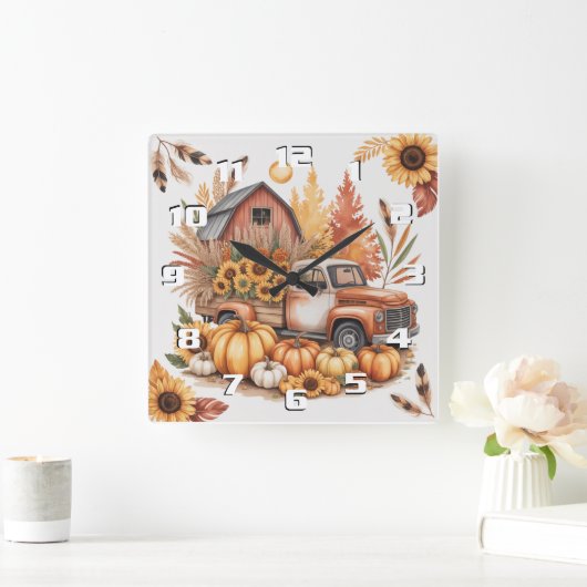 Rustic Farmhouse Inspired Autumn and Thanksgiving Quadratische Wanduhr (Zuhause)