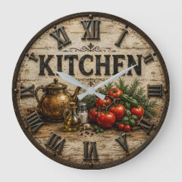 Rustic Farmhouse Kitchen Tomatoes & Herbs Vintage Große Wanduhr