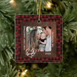 Rustic Farmhouse Leather & Plaid Christmas Family Keramikornament