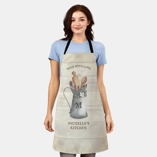 Rustic Farmhouse Monogram Floral Kitchen Schürze (Getragen)