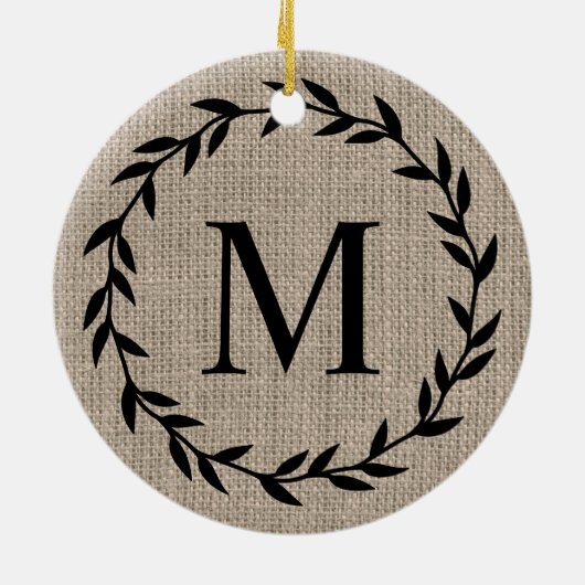 Rustic Farmhouse Style Burlap Holiday Monogrammed Keramik Ornament (Hinten)