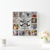 Rustic Farmhouse Wood Chicken Coop Photo Collage Quadratische Wanduhr (Zuhause)