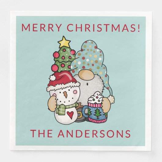 Rustic Festive Gnome Snowman Frohe Weihnachten Par Serviette (Vorderseite)