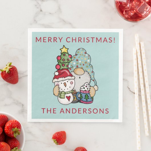 Rustic Festive Gnome Snowman Frohe Weihnachten Par Serviette (Beispiel)