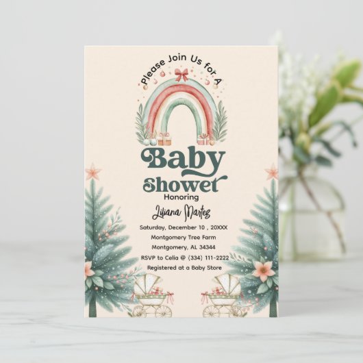 Rustic Festive Rainbow Weihnachtsdusche Einladung (Stehend Vorderseite)