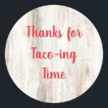 Rustic Fiesta Shower Favor Stickers | Thank You<br><div class="desc">Rustic Fiesta Shower Favor Stickers | Thanks for Taco‑ing Time Add a charming finishing touch to your shower favors with these rustic taco-themed favor stickers. Featuring a light wood background and muted farmhouse colors, these customizable stickers are perfect for salsa jars, candles, treat bags, and more. Designed to coordinate with...</div>