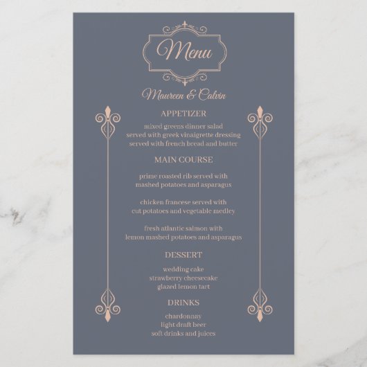 Rustic Filigree Wedding Menü Budget (Vorderseite)