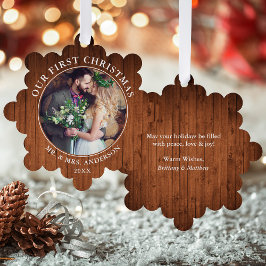 Rustic First Christmas Couple Foto Ornament Card