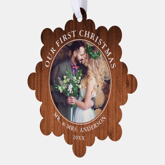 Rustic First Christmas Couple Foto Ornament Card (Linke Ecke)