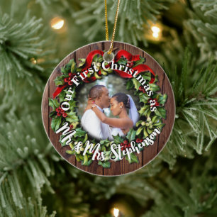 Rustic First Christmas Mr. Couple Wedding Foto Keramik Ornament