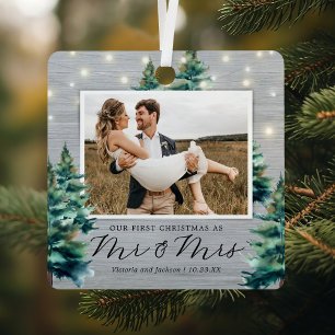 Rustic First Christmas Mr. & Mrs. Pine Tree Ornament Aus Metall