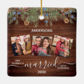 Rustic First Christmas Verheiratet Newlyweds 3 Fot Keramikornament (Rückseite)