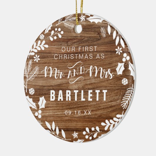 Rustic First Mr. und Mrs. Christmas Foto Keramik Ornament (Links)