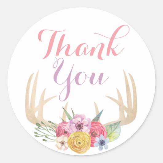 Rustic Floral Antlers Painted Watercolor Thank You Runder Aufkleber (Vorderseite)