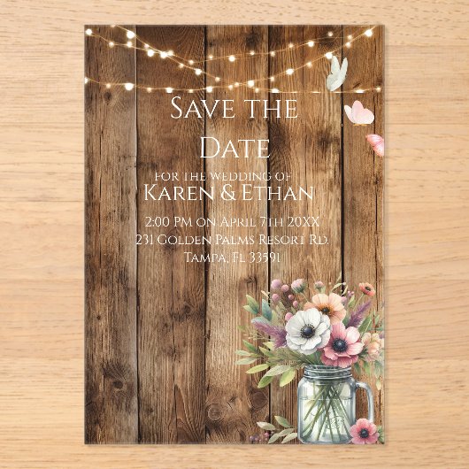 Rustic Floral Blossoms Save the Date Invitation Acryleinladungen (Vorderseite)