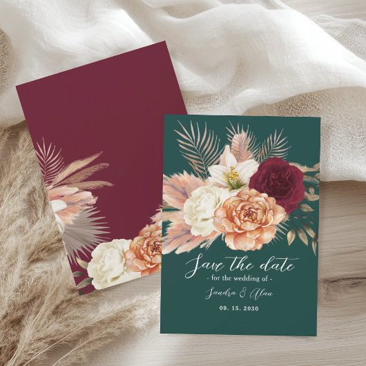 Rustic Floral Boho Emerald Green Wedding Save The Date