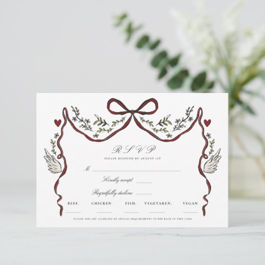 Rustic Floral Bow Wings RSVP Card Karte (Stehend Vorderseite)