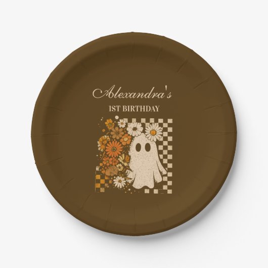 Rustic Floral Checkerboard Ghost 1st Birthday Pappteller (Vorderseite)