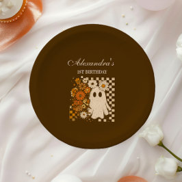Rustic Floral Checkerboard Ghost 1st Birthday Pappteller