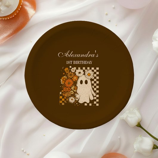 Rustic Floral Checkerboard Ghost 1st Birthday Pappteller