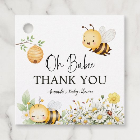 Rustic Floral Daisy Oh Babee Honey Bee Baby Shower Geschenkanhänger (Vorderseite)