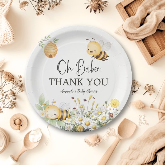 Rustic Floral Daisy Oh Babee Honey Bee Baby Shower Pappteller