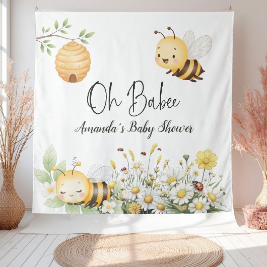Rustic Floral Daisy Oh Babee Honey Bee Baby Shower Wandteppich