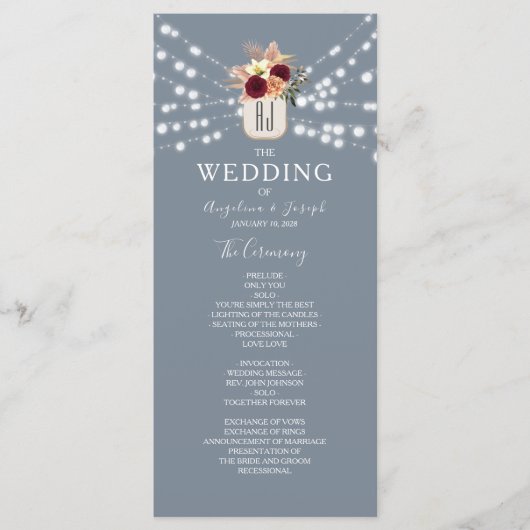 Rustic Floral Dusty Blue Wedding Program Programm (Vorderseite)