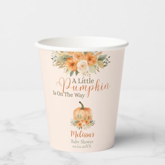 Rustic Floral Fall Orange Pumpkin Baby Shower Pappbecher (Vorderseite)