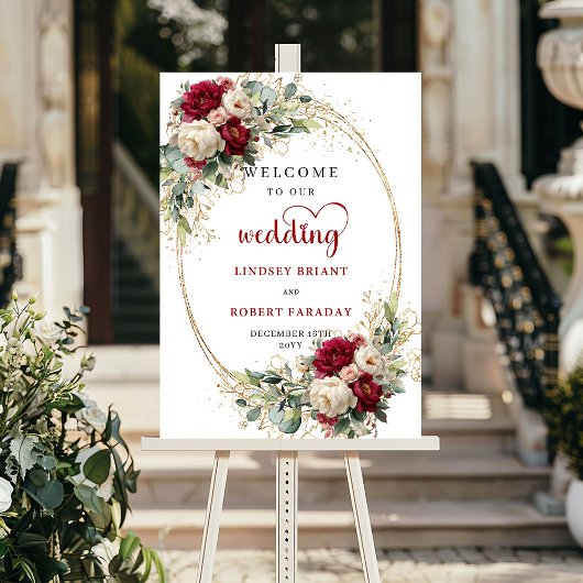 Rustic floral greenery gold wedding welcome sign  poster